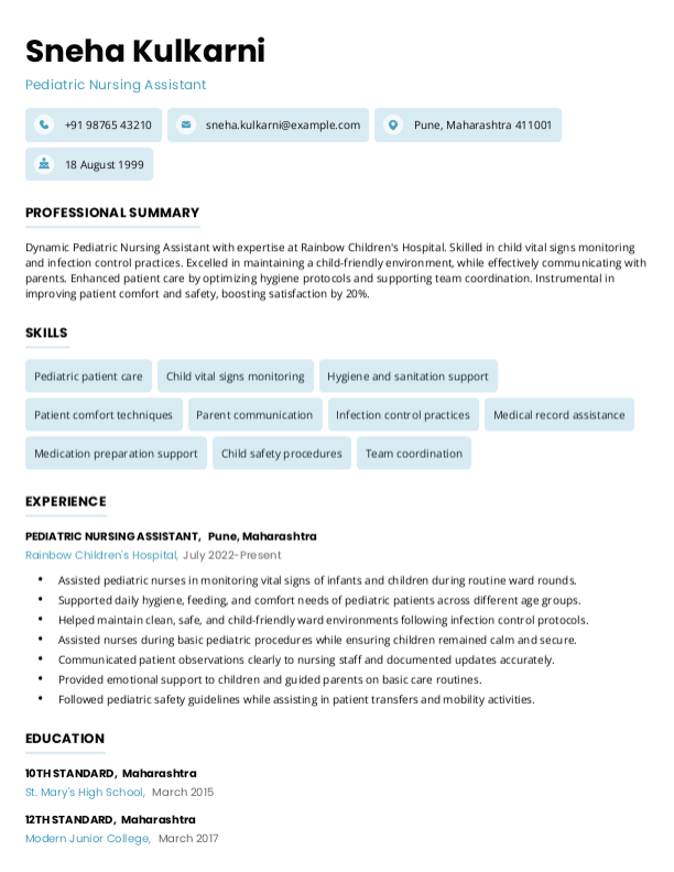 Pediatric Nursing Assistant Resume format in Word - Free Download