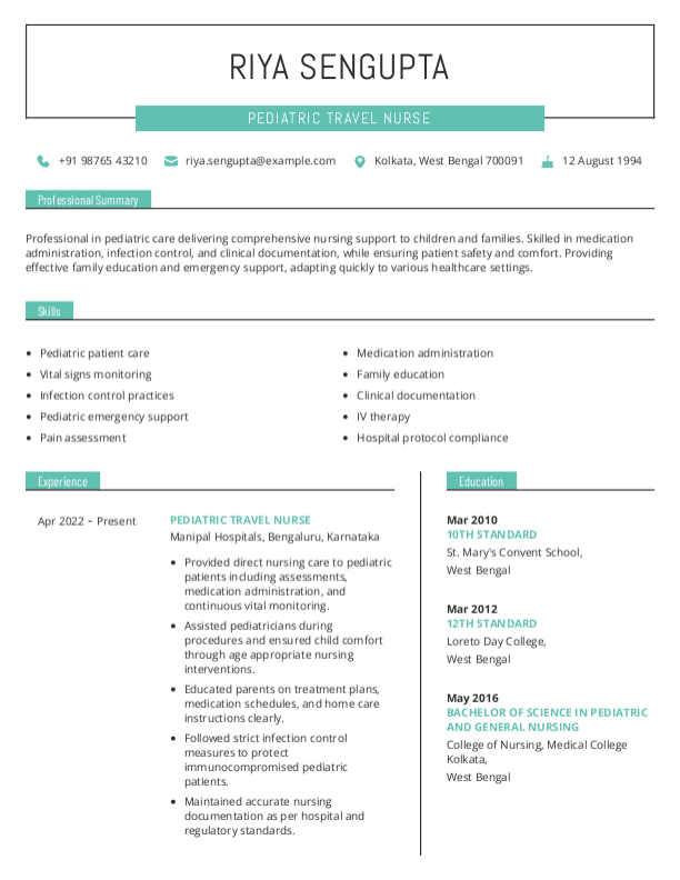 Pediatric Travel Nurse Resume format in Word - Free Download