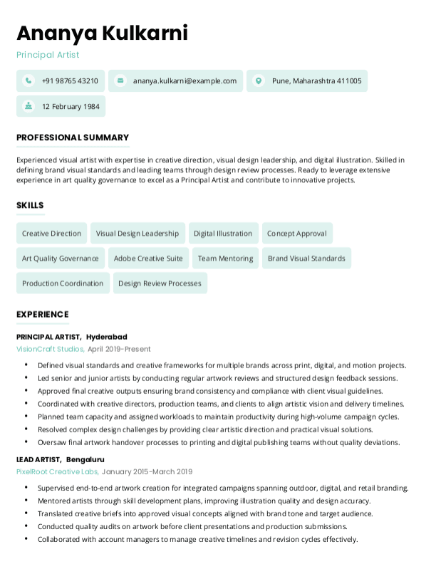 Principal Artist Resume format in Word - Free Download