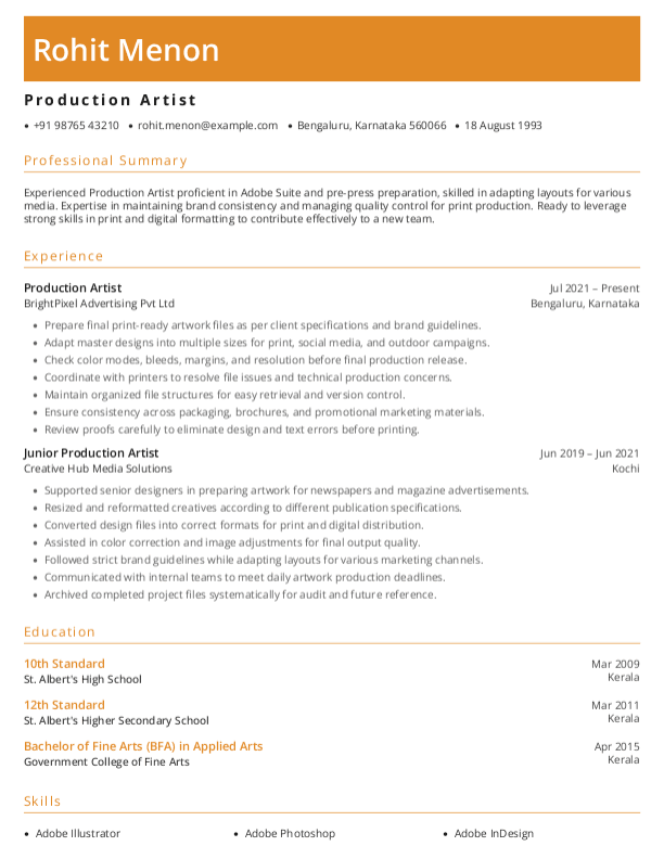 Production Artist Resume format in Word - Free Download