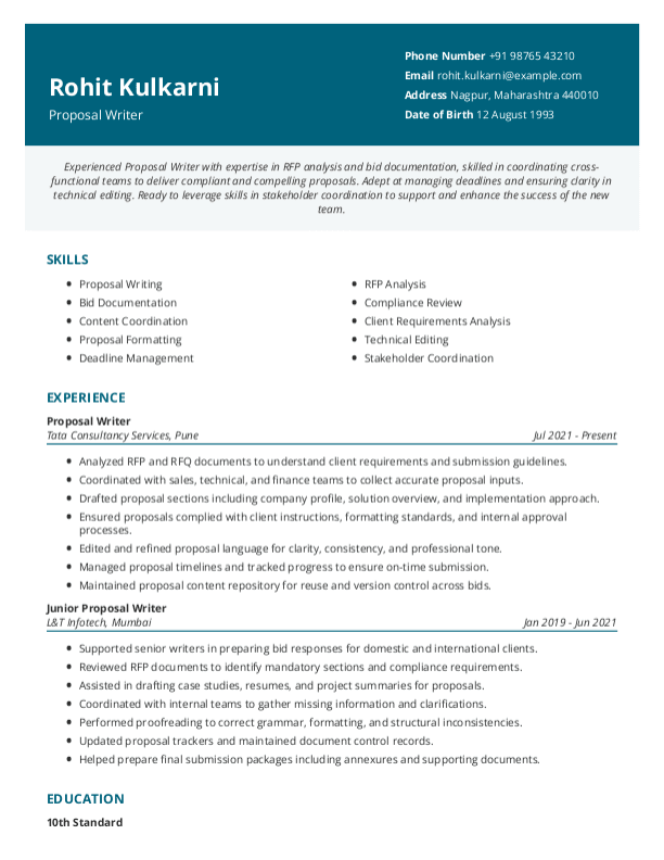 Proposal Writer Resume format in Word | Free Download