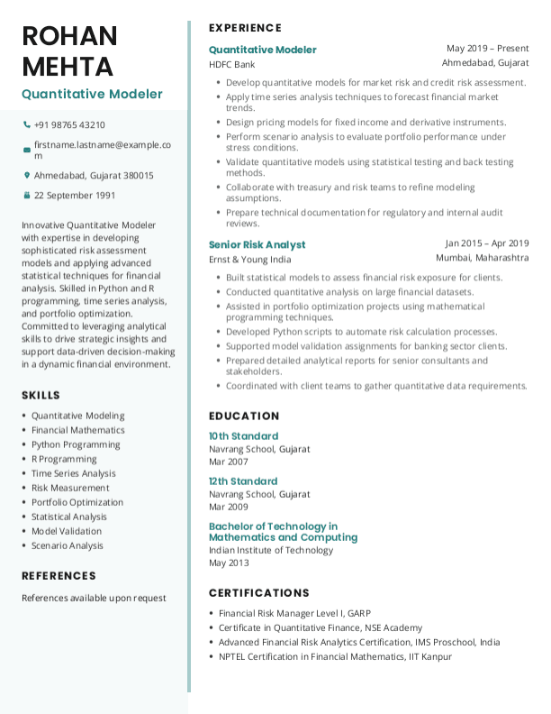 Quantitative Modeler Resume format in Word - Free Download