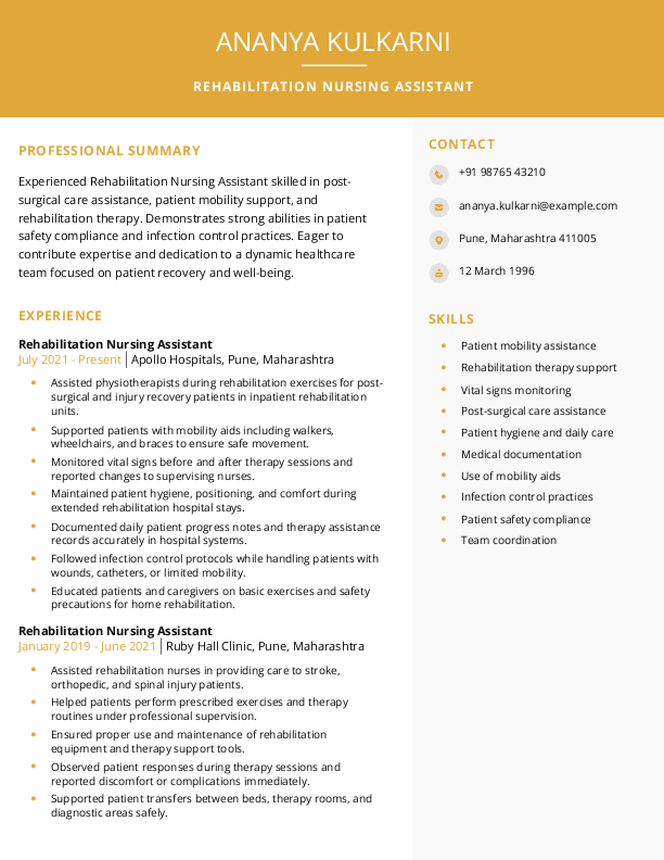 Rehabilitation Nursing Assistant Resume format in Word - Free Download