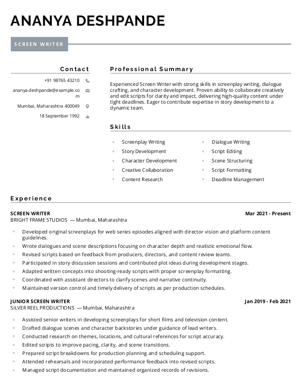 Screen Writer Resume format in Word - Free Download