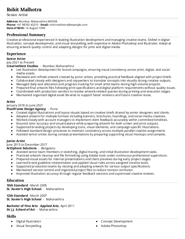 Senior Artist Resume format in Word - Free Download