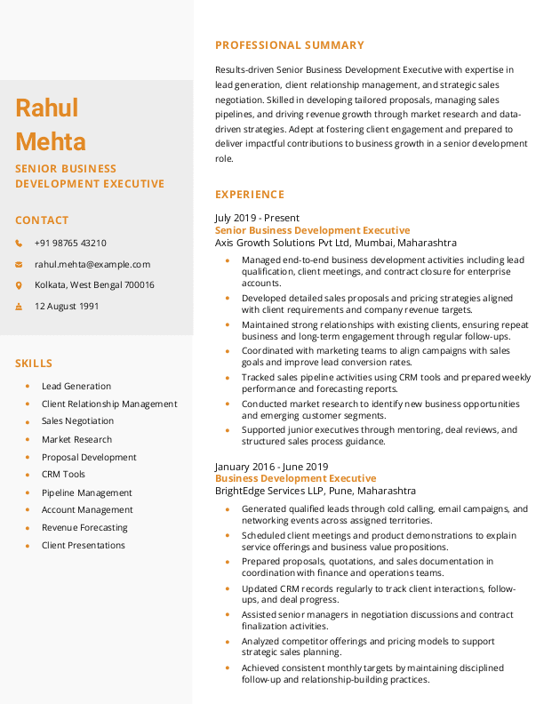 Senior Business Development Executive Resume format in Word | Free Download