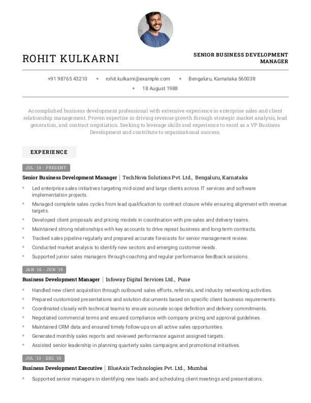 Senior Business Development Manager Resume format in Word | Free Download