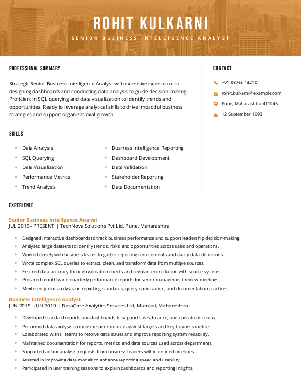 Senior Business Intelligence Analyst Resume format in Word - Free Download