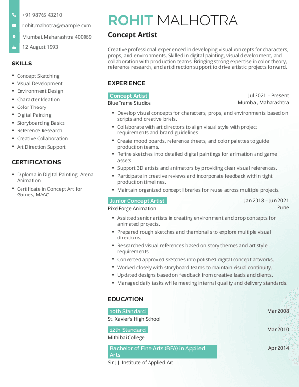 Senior Concept Artist Resume format in Word - Free Download