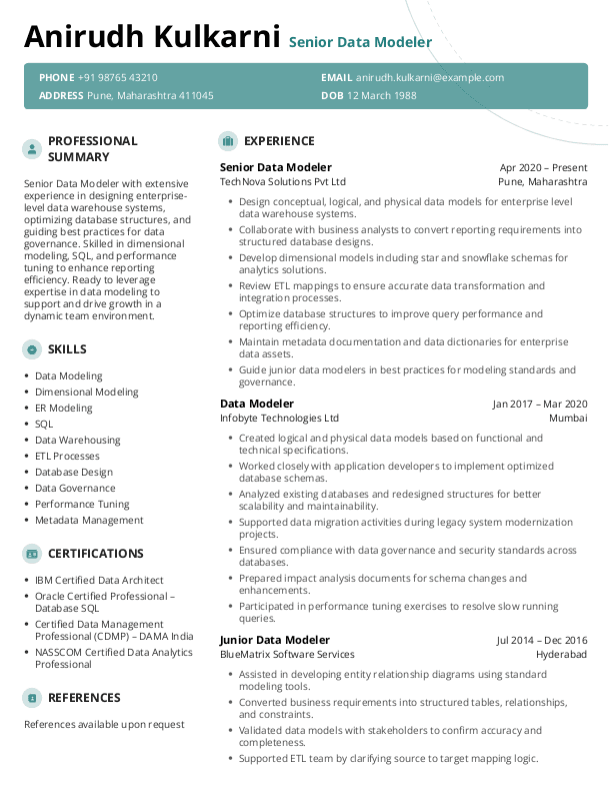 Senior Data Modeler Resume format in Word - Free Download