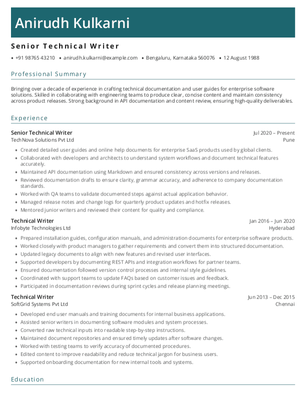 Senior Technical Writer Resume format in Word - Free Download