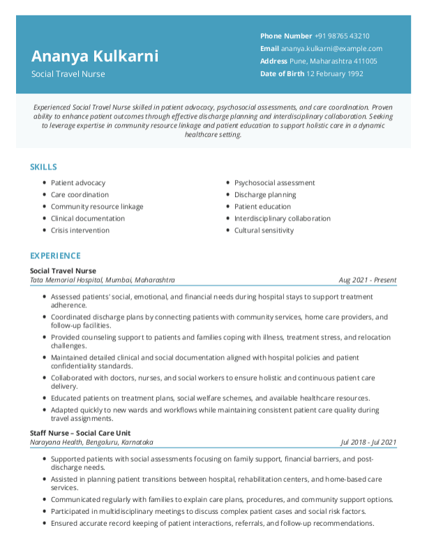 Social Travel Nurse Resume ATS format in Word | Free Download
