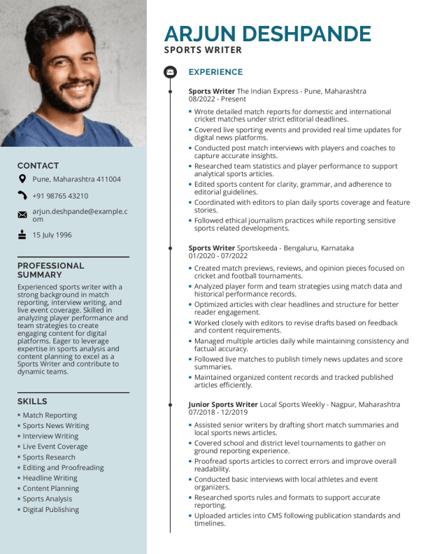 Sports Writer Resume format in Word | Free Download