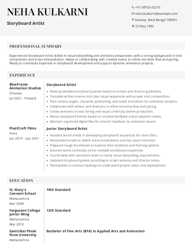 Storyboard Artist Resume format in Word | Free Download