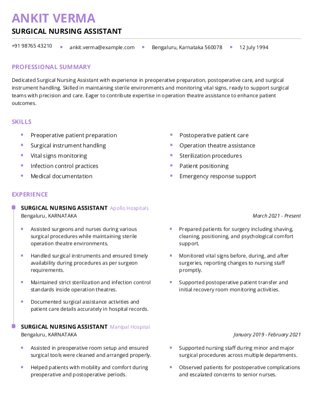 Surgical Nursing Assistant Resume format in Word - Free Download