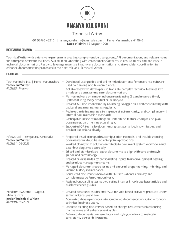 Technical Writer Resume format in Word - Free Download