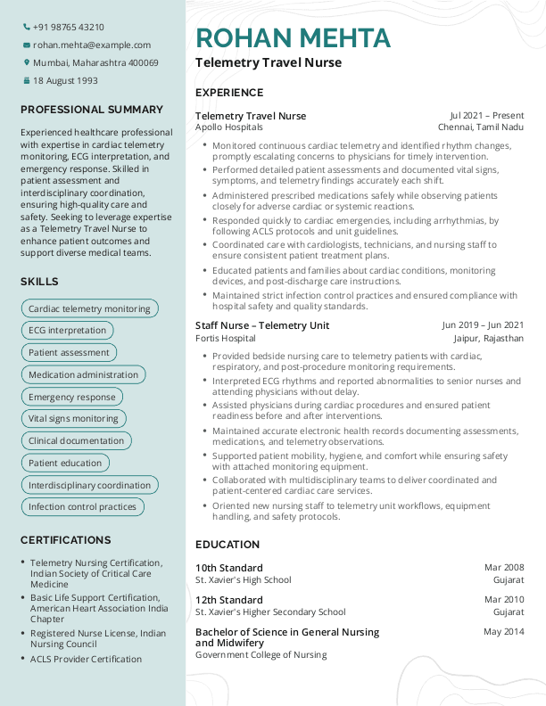 Telemetry Travel Nurse Resume ATS format in Word | Free Download