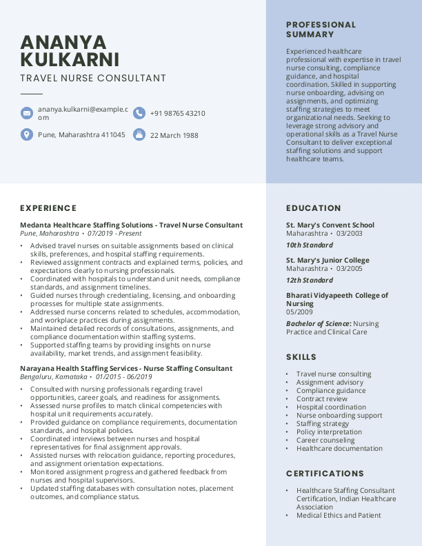 Travel Nurse Consultant Resume ATS format in Word | Free Download