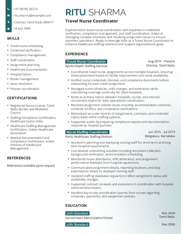 Travel Nurse Coordinator Resume ATS format in Word | Free Download