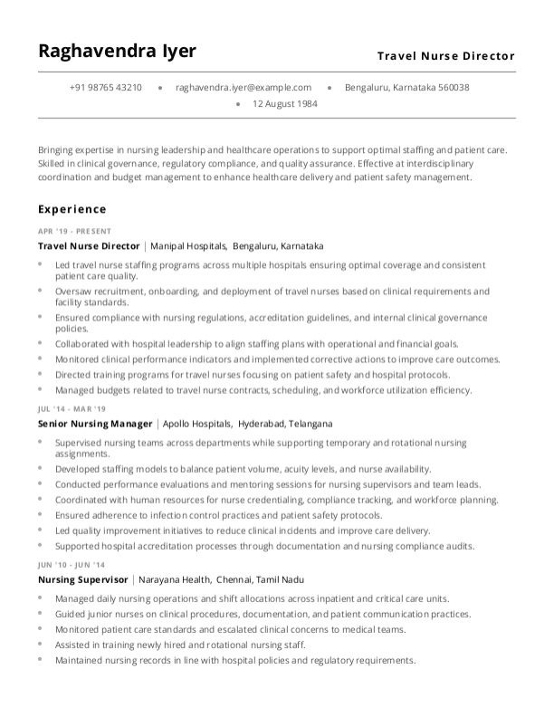Travel Nurse Director Resume format in Word - Free Download