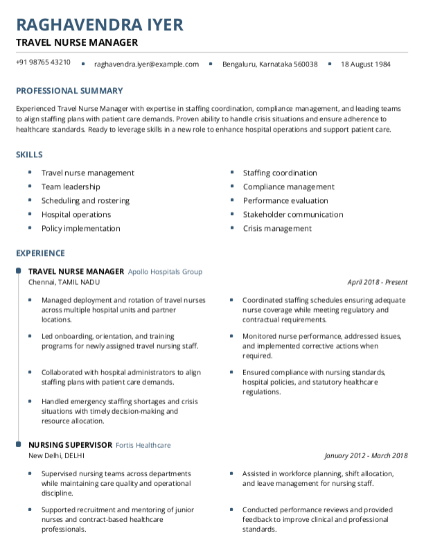 Travel Nurse Manager Resume ATS format in Word | Free Download