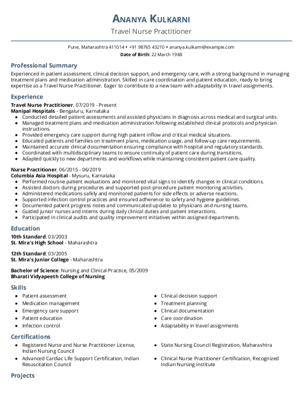 Travel Nurse Practitioner Resume ATS format in Word | Free Download