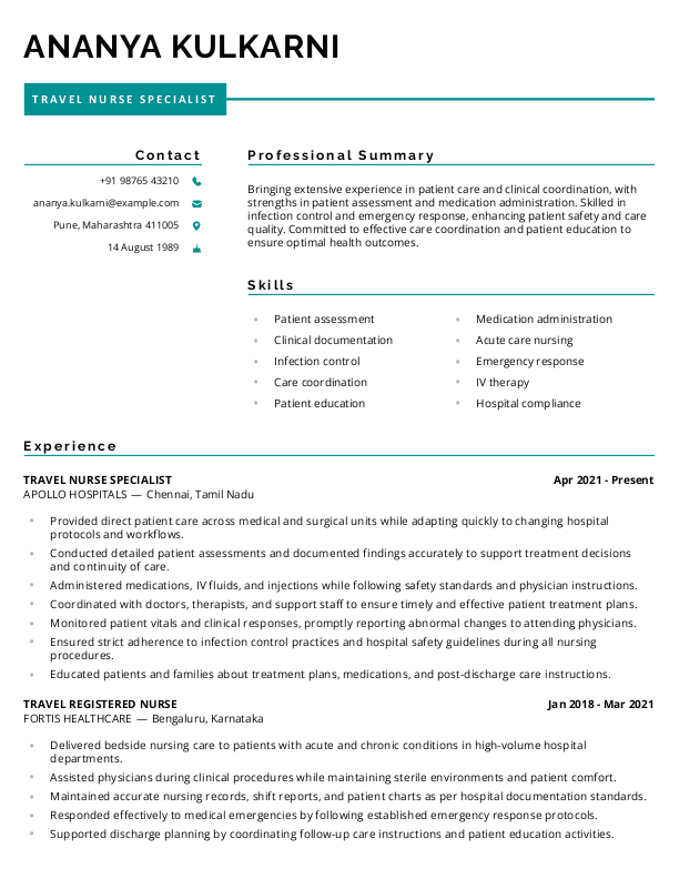Travel Nurse Specialist Resume format in Word - Free Download