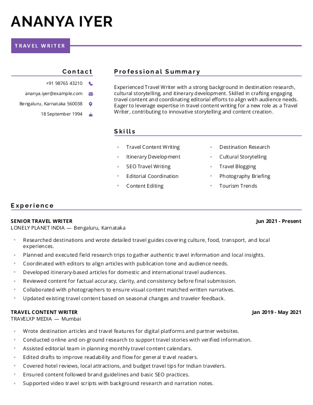 Travel Writer Resume format in Word | Free Download