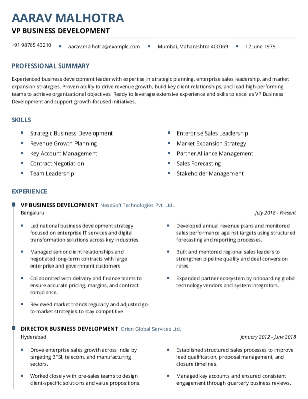VP Business Development Resume format in Word | Free Download